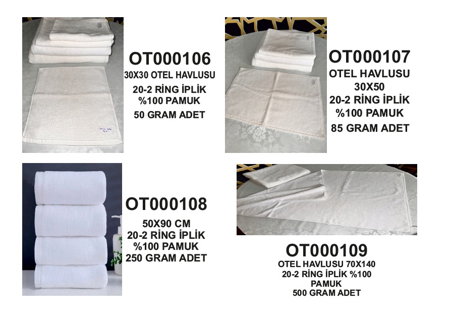 Otel Havlusu Koleksiyonu 30x30 / 30x50 / 50x90 / 70x140 %100 Pamuk