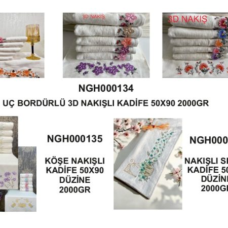 3D Nakışlı Kadife Havlu Koleksiyonu Bordürlü / Köşe Nakışlı / Sepet Desen 50x90